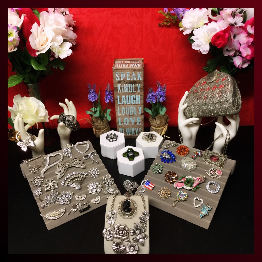 Lot of 40 vintage estate rhinestone brooches, more